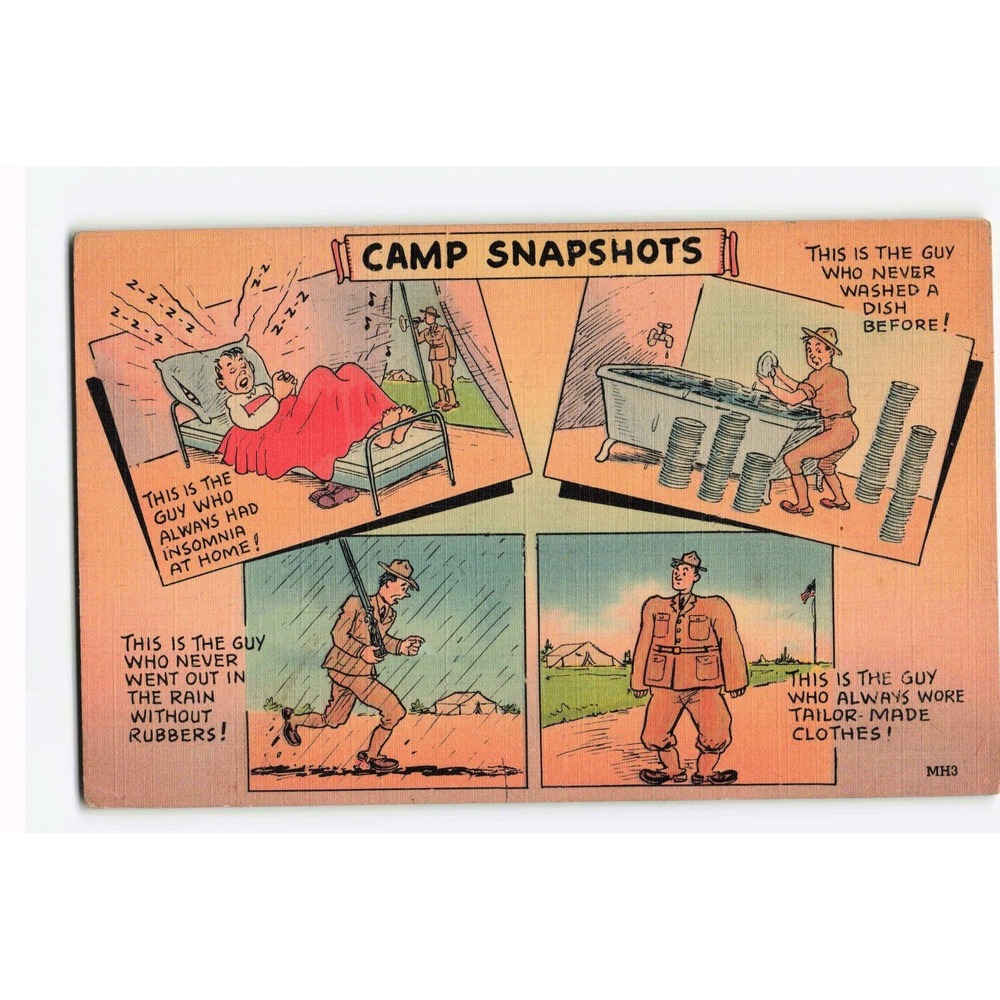 Vintage Camp Snapshots Military Humor Linen Postcard Tichnor Vandalia Illinois
